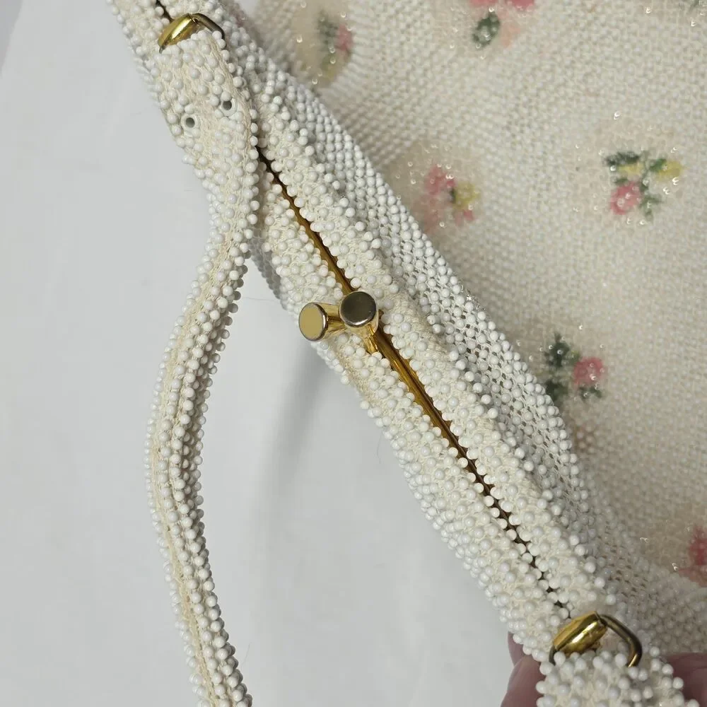 Vintage 1950s White Cream Hand Beaded Pink Green Flowers Purse Bag By Lumured